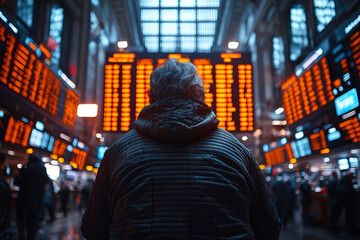 Poster - traders gathered around the stock exchange floor, monitoring the volatile markets and making quick d