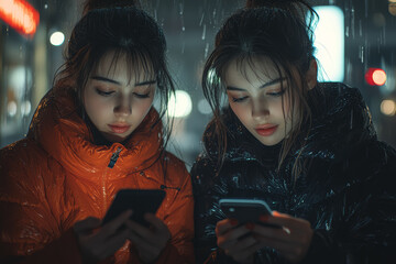 Poster - friends sending each other messages through social media, staying in touch despite being far apart p
