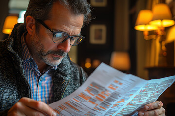 Poster - An investor reviewing annual reports of companies before making informed stock purchases, demonstrating due diligence. Concept of research.