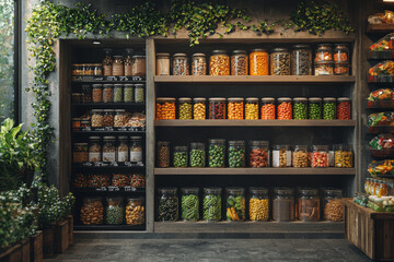 Poster - a zero-waste grocery store where customers bring their own containers to purchase food, eliminating 
