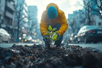 Poster - a person planting a tree in an urban area, contributing to a greener and more sustainable city. conc