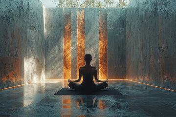 Poster - A person meditating in a minimalist room, highlighting the connection between simplicity and mental clarity. Concept of mindfulness.