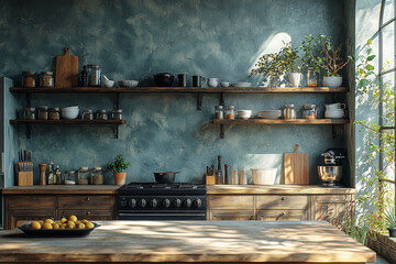 Poster - a minimalist kitchen with clean lines, open shelves, and essential cookware, emphasizing simplicity.