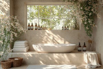 Poster - A minimalist bathroom with neutral tones, essential toiletries, and no clutter, creating a serene space. Concept of home design.