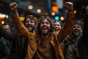 Poster - A group of traders celebrating a major financial win on the trading floor, capturing the exhilaration of successful trading. Concept of business.