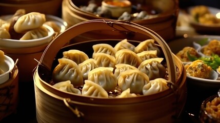 Poster - A bamboo steamer basket filled with freshly cooked dumplings, surrounded by other dishes.