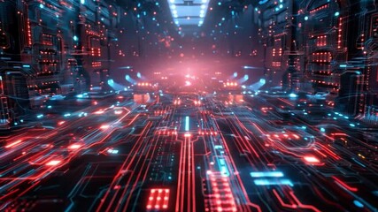 Poster - A vibrant digital environment filled with intricate circuits and glowing red and blue lights, simulating a high-tech universe that feels alive and dynamic.