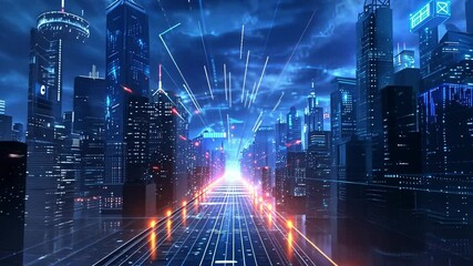 Aufkleber - The artwork reveals a breathtaking futuristic city filled with towering skyscrapers illuminated by vibrant neon lights, creating an electric atmosphere at night.