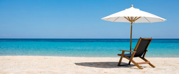 A white umbrella is positioned on the beach, casting a shadow on the warm sand below, generative ai