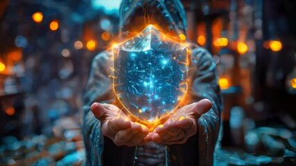 Poster - A man is holding a glowing blue and orange shield in his hands, creating a magical effect