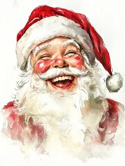 Jolly Santa Claus laughing, watercolor portrait with rosy cheeks and twinkling eyes