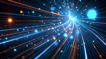 Aufkleber - A striking visual displays particles moving through space, illuminated by vibrant blue and orange lights against a dark background, suggesting energy and motion.
