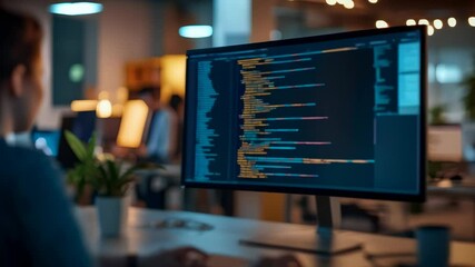 Aufkleber - Software developer working late in the office, focused on writing code on their computer screen. The blurred background hints at a busy and collaborative work environment