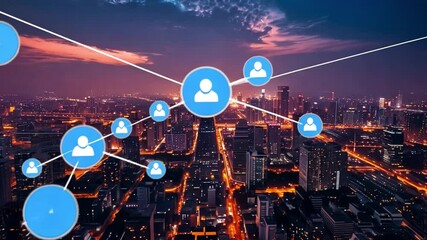 Poster - Bright city lights illuminate the bustling metropolis at night, showcasing digital icons that represent connections and networking among individuals across the urban landscape.