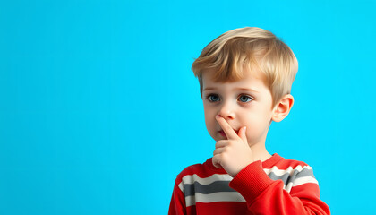 Little caucasian boy picking his nose on blue background isolated with white highlights, png