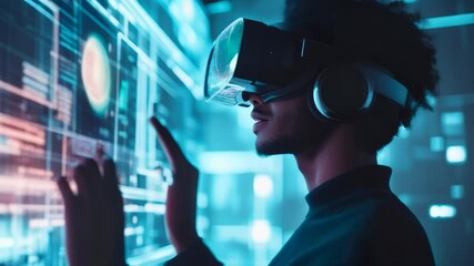 Aufkleber - Software developer is working on a project using a vr headset, interacting with a transparent display showing lines of code in a dark room with blue light
