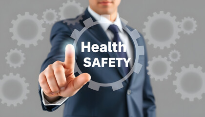 A businessman pressing a Health and Safety business concept on a graphical display of cogs isolated with white highlights, png