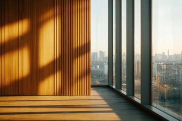 A large window in a building with a city view