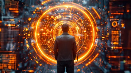 Poster - Man observing a data-filled screen with a futuristic aesthetic. Bright, colorful lights and reflections create a dynamic, high-tech atmosphere. Concept of technology