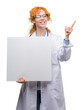 © Krakenimages.com - Young redhead doctor woman holding banner very happy pointing with hand and finger to the side