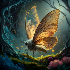 beautiful art with miracle golden butterfly  against  night fantasy forest. Digital artwork. close up.  Ai generated