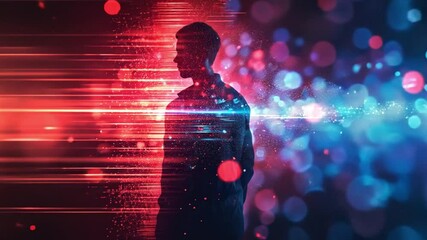 Fototapete - A person stands in silhouette against a backdrop of dynamic light patterns and vibrant colors, creating an engaging visual spectacle that captivates the viewers attention.