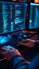Aufkleber - Software developer is illuminated by the glow of their computer screen as they are working late into the night writing code