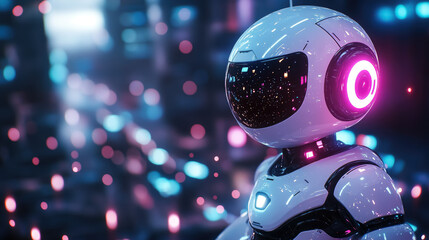 3d white robot on the right side of the image on a neon abstract background, space for text, banner, technology, future, science, copyspace, digital virtual world, artificial intelligence, robotics