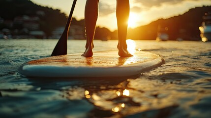 Wall Mural - A person standing on a paddleboard in the water at sunset. The photo highlights the peaceful beauty of stand-up paddleboarding at golden hour.