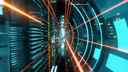 Poster - Colorful light trails illuminate a high-tech urban landscape, conveying a sense of motion and energy as if racing through a futuristic city at night.