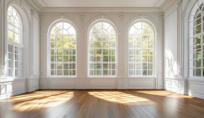 A large room with three arched windows and a wooden floor