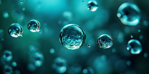 Poster - Water droplets floating and reflecting teal background