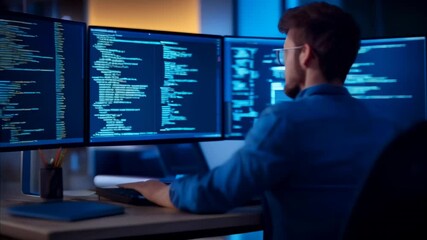Aufkleber - Software developer working late at night, coding on multiple monitors in a dark office space, reflecting hard work and passion in the fast paced tech world