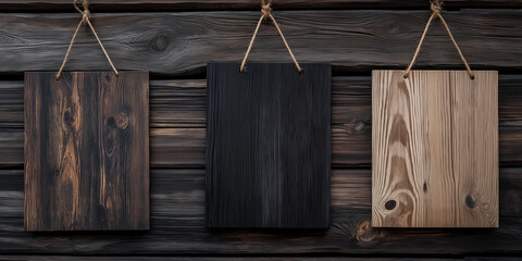 Poster - Three wooden signs hanging on a rustic wooden wall background