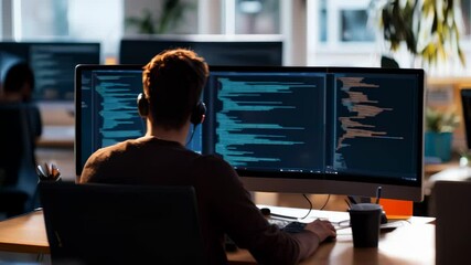 Aufkleber - Software developer is working on a project, writing code on his computer. His colleagues are working in the background