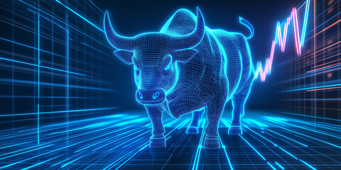 Poster - Blue wireframe bull walking on blue digital surface representing bull market