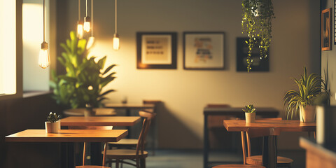 Poster - Empty coffee shop interior with wooden tables and plants