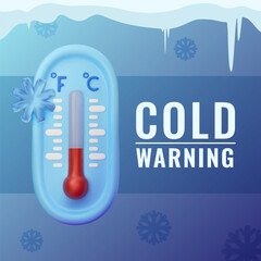 cold warning, low temperature vector design. 3d realistic thermometer with snowflake on blue backgro