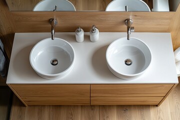 Two sinks are on a countertop