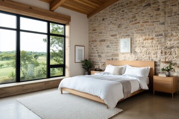 A serene bedroom with natural light and stone walls, promoting relaxation.