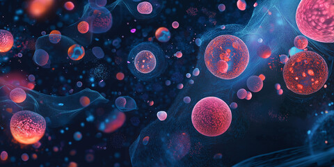 Poster - Microscopic view of cells reproducing and multiplying in 3d render