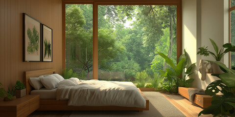 Poster - Modern minimalist bedroom overlooking lush green forest