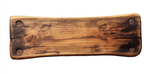Poster - Old rectangular wooden board with nails showing grain and knots isolated on white background