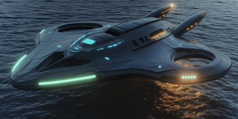 Aufkleber - Futuristic spaceship hovering over water at night