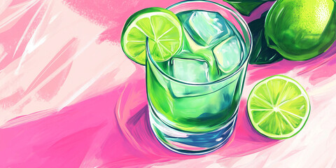 Poster - Green cocktail with lime and ice on pink background