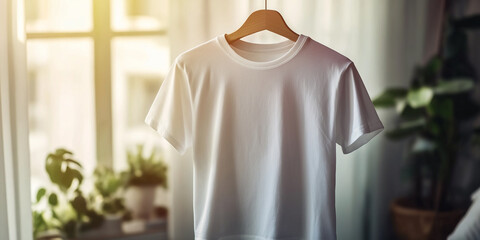 Aufkleber - White t-shirt hanging on a wooden hanger inside a room with plants