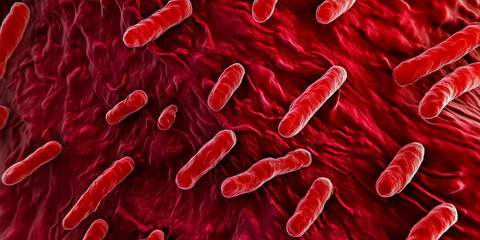 Poster - Microscopic view of rod-shaped bacteria multiplying on organic tissue