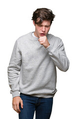 Wall Mural - Young handsome sporty man wearing sweatshirt over isolated background feeling unwell and coughing as symptom for cold or bronchitis. Healthcare concept.