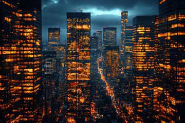 Wall Mural - Nighttime photos of large cities with illuminated office buildings reflect the modern business world. Concept of urban business environments.