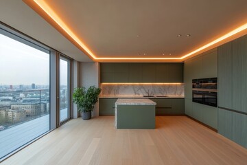 A kitchen with a white marble countertop and a green island